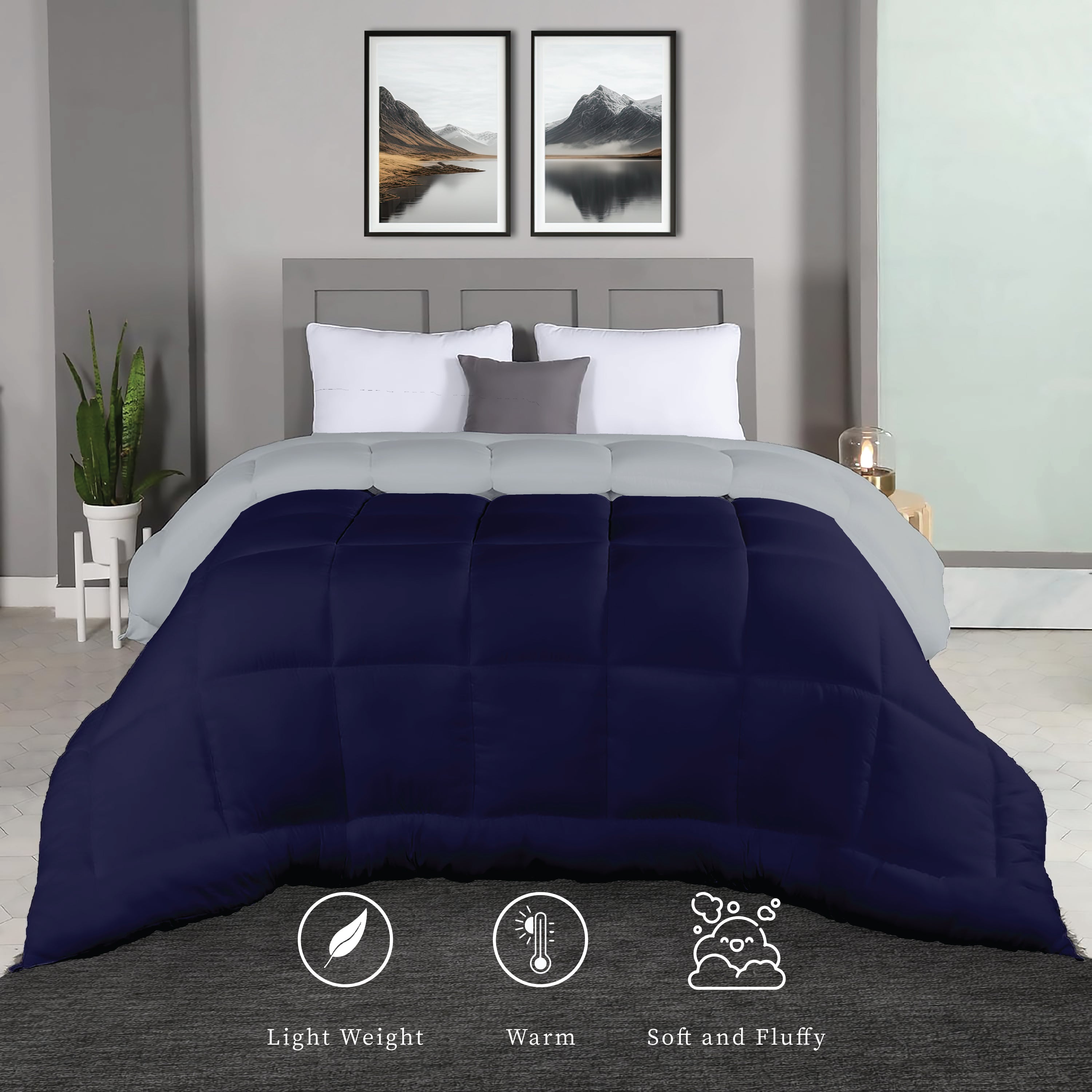 Plush Reversible Comforter Down Alternative, Ash Grey + Eclipse