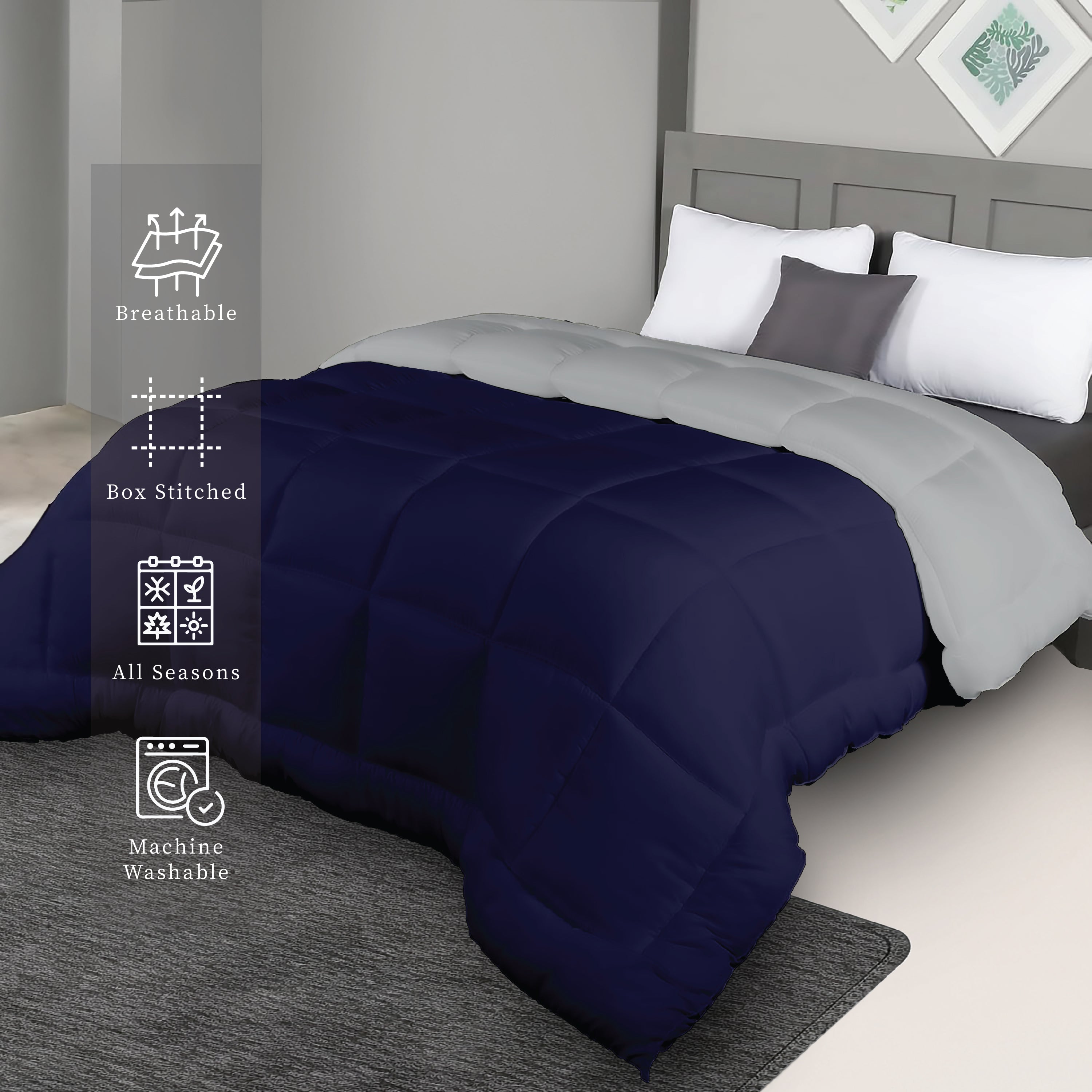 Plush Reversible Comforter Down Alternative, Ash Grey + Eclipse
