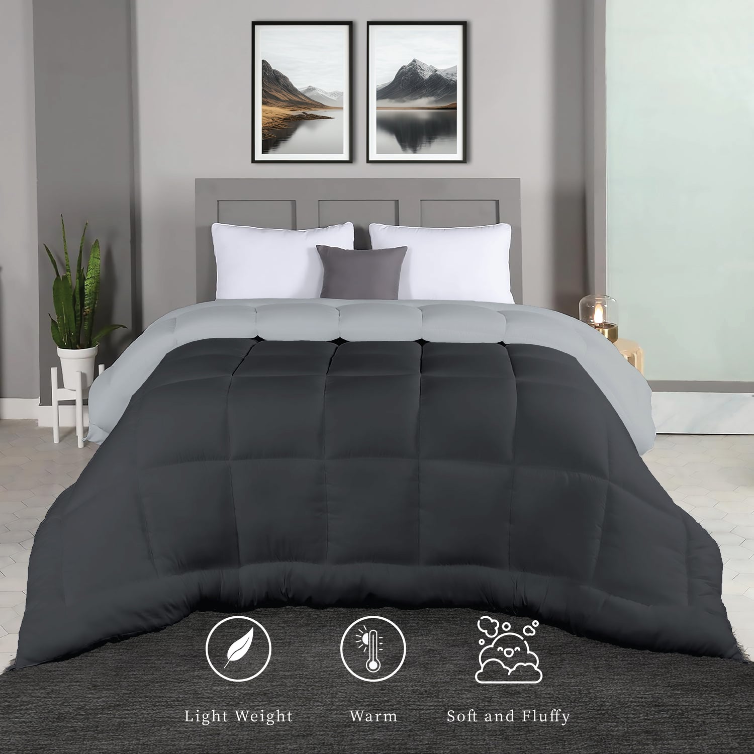 Plush Reversible Comforter Down Alternative, Ash Grey + Iron Gate