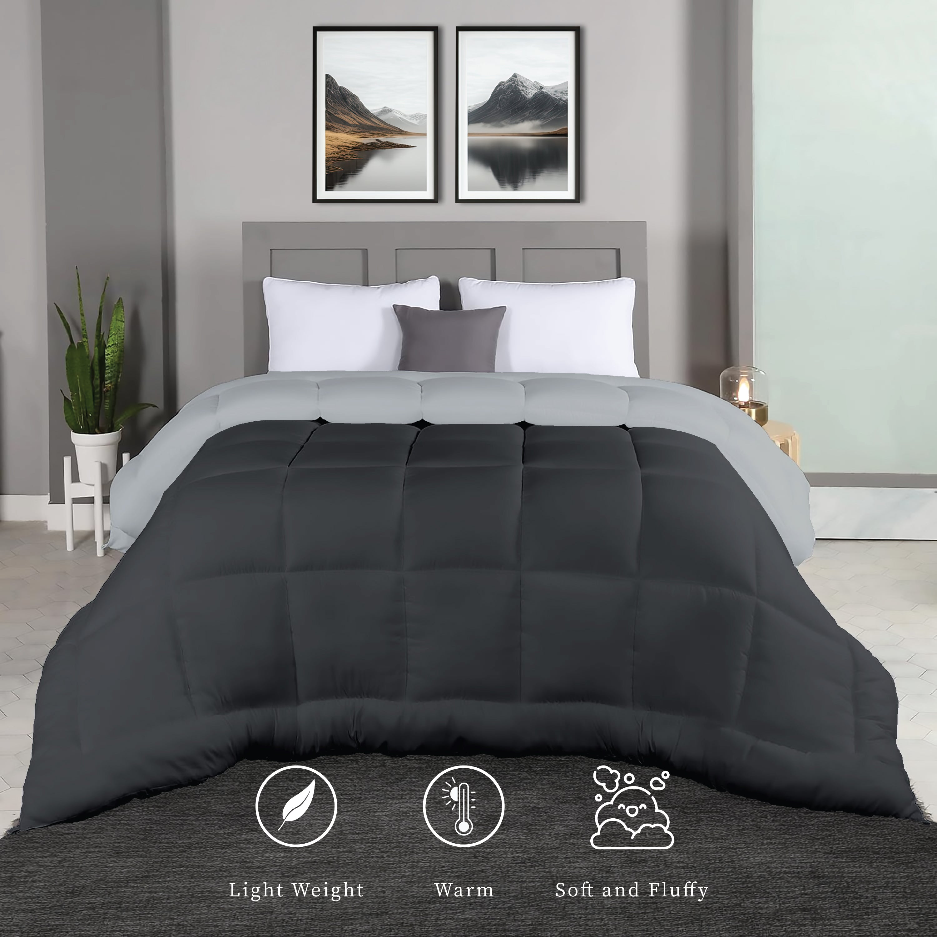Plush Reversible Comforter Down Alternative, Ash Grey + Iron Gate