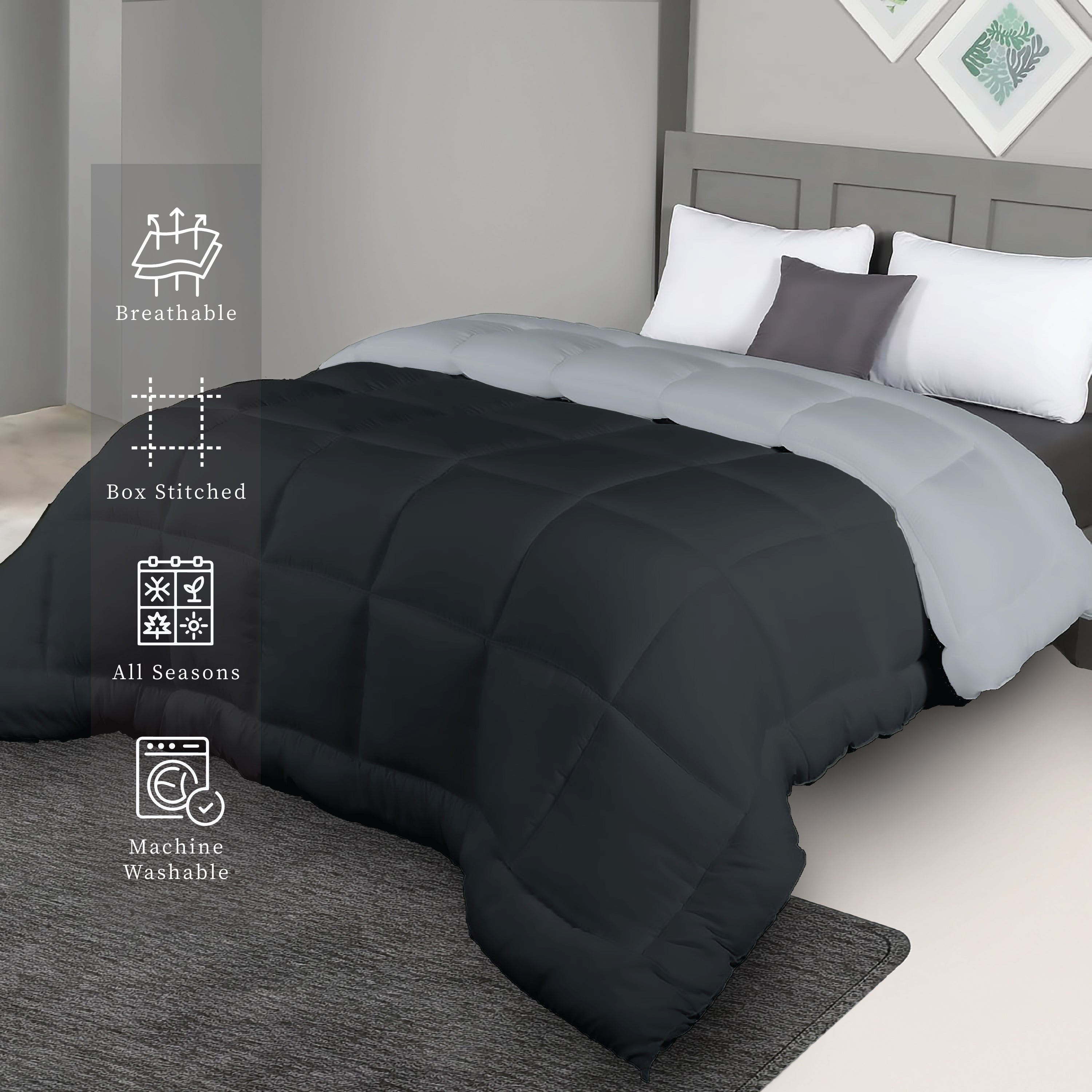 Plush Reversible Comforter Down Alternative, Ash Grey + Iron Gate