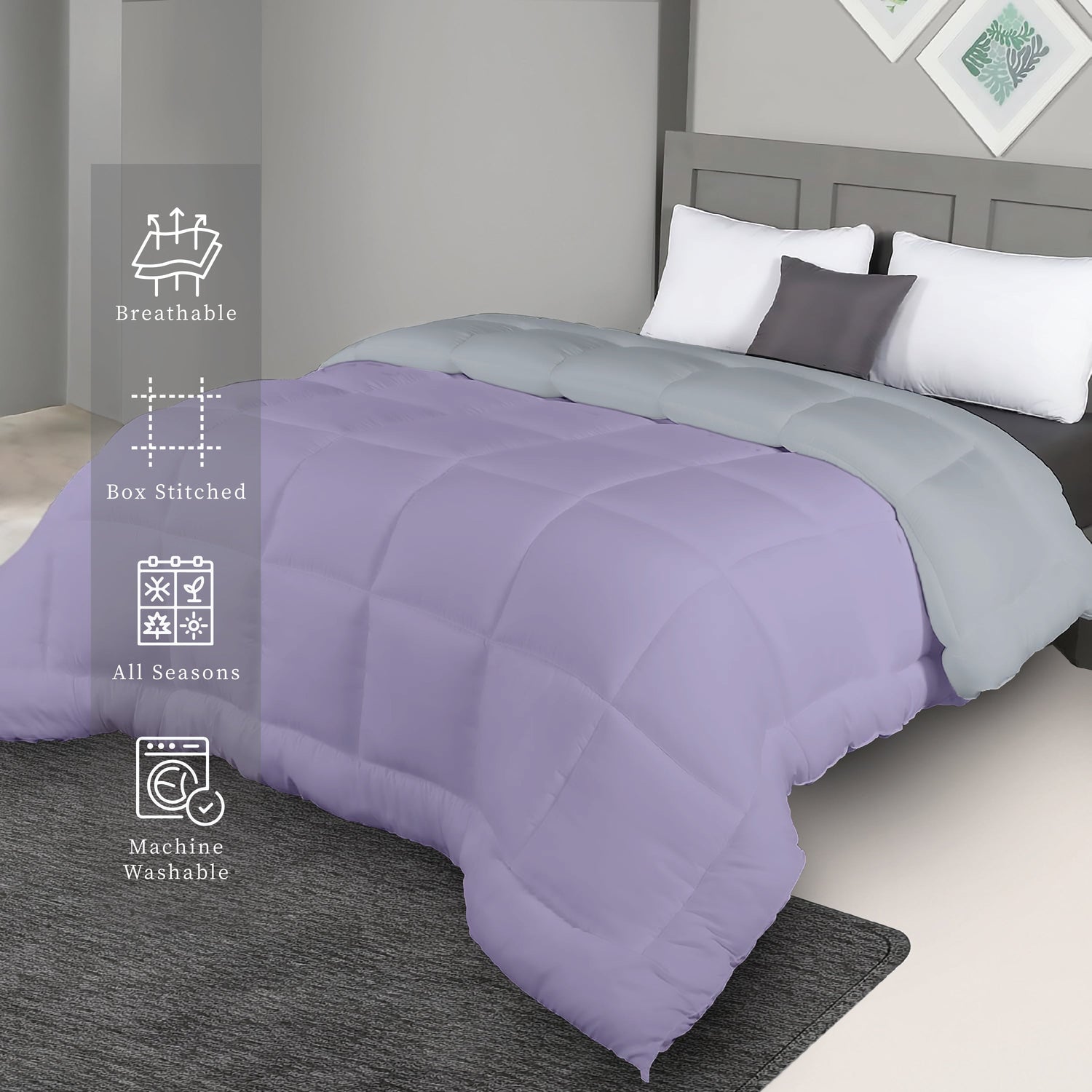 Plush Reversible Comforter Down Alternative, Ash Grey + Wisteria