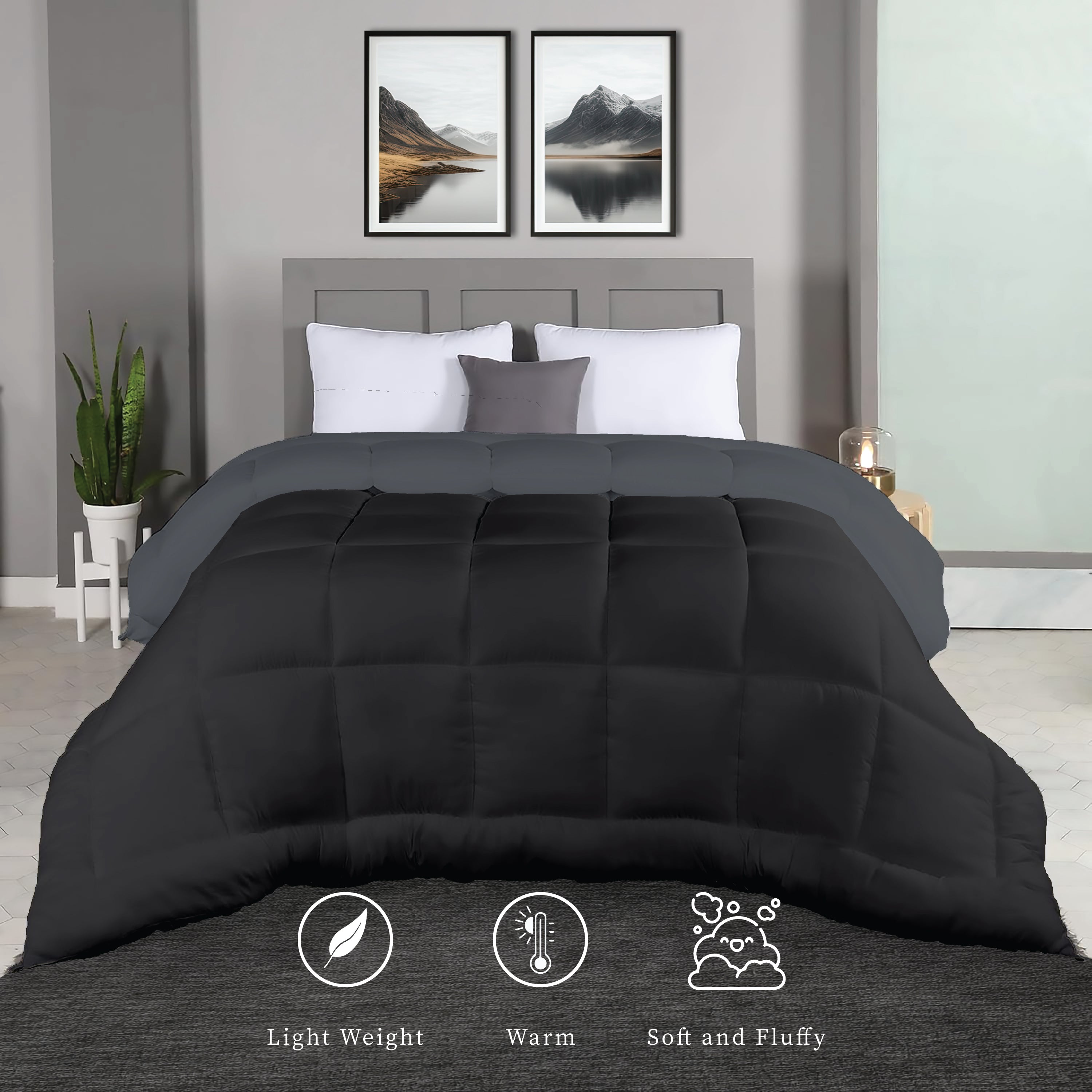 Plush Reversible Comforter Down Alternative, Black Olive + Iron Gate