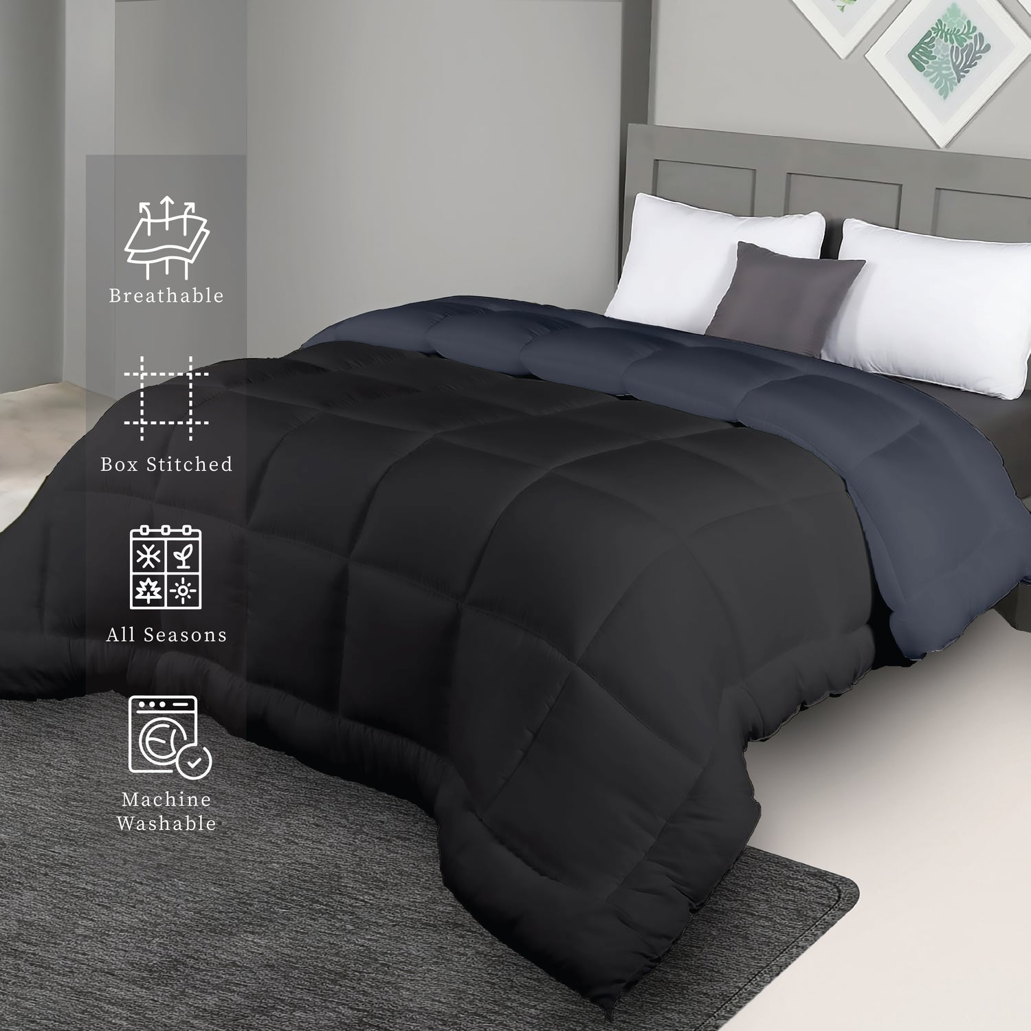 Plush Reversible Comforter Down Alternative, Black Olive + Iron Gate