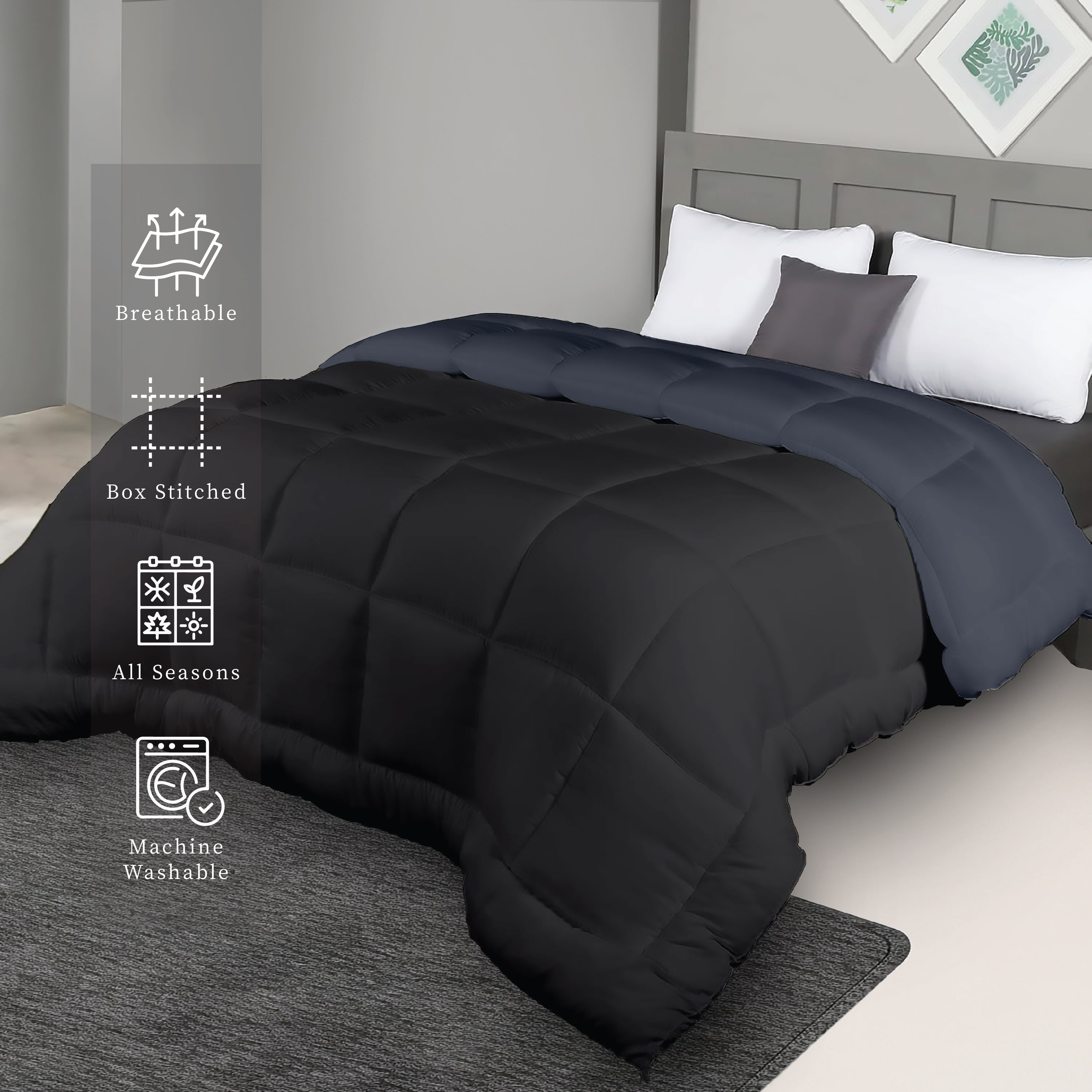 Plush Reversible Comforter Down Alternative, Black Olive + Iron Gate