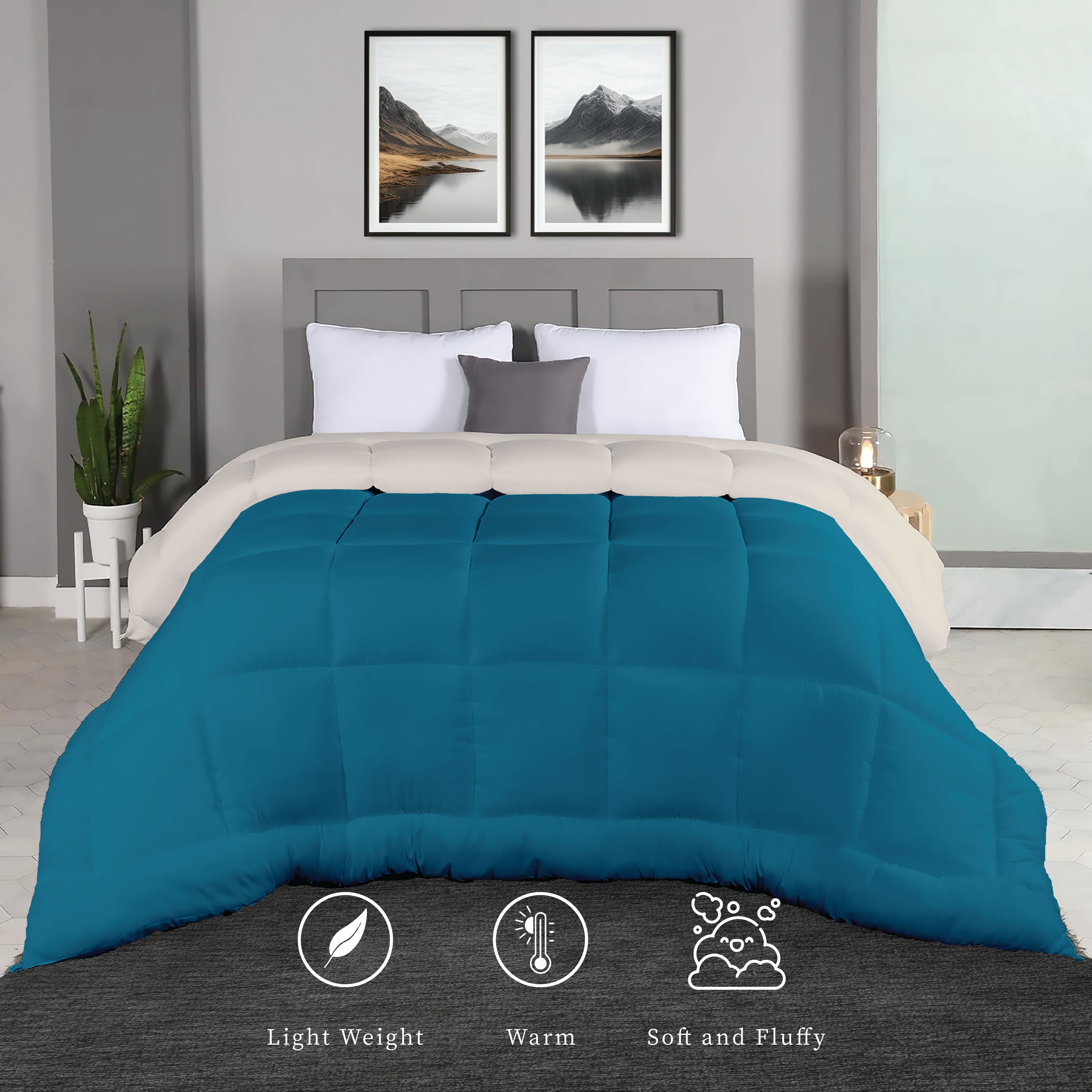 Plush Reversible Comforter Down Alternative, Ocean Blue + Egg Nog