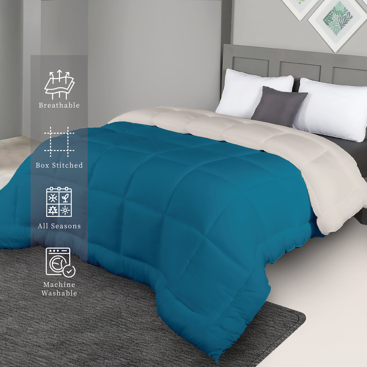 Plush Reversible Comforter Down Alternative, Ocean Blue + Egg Nog