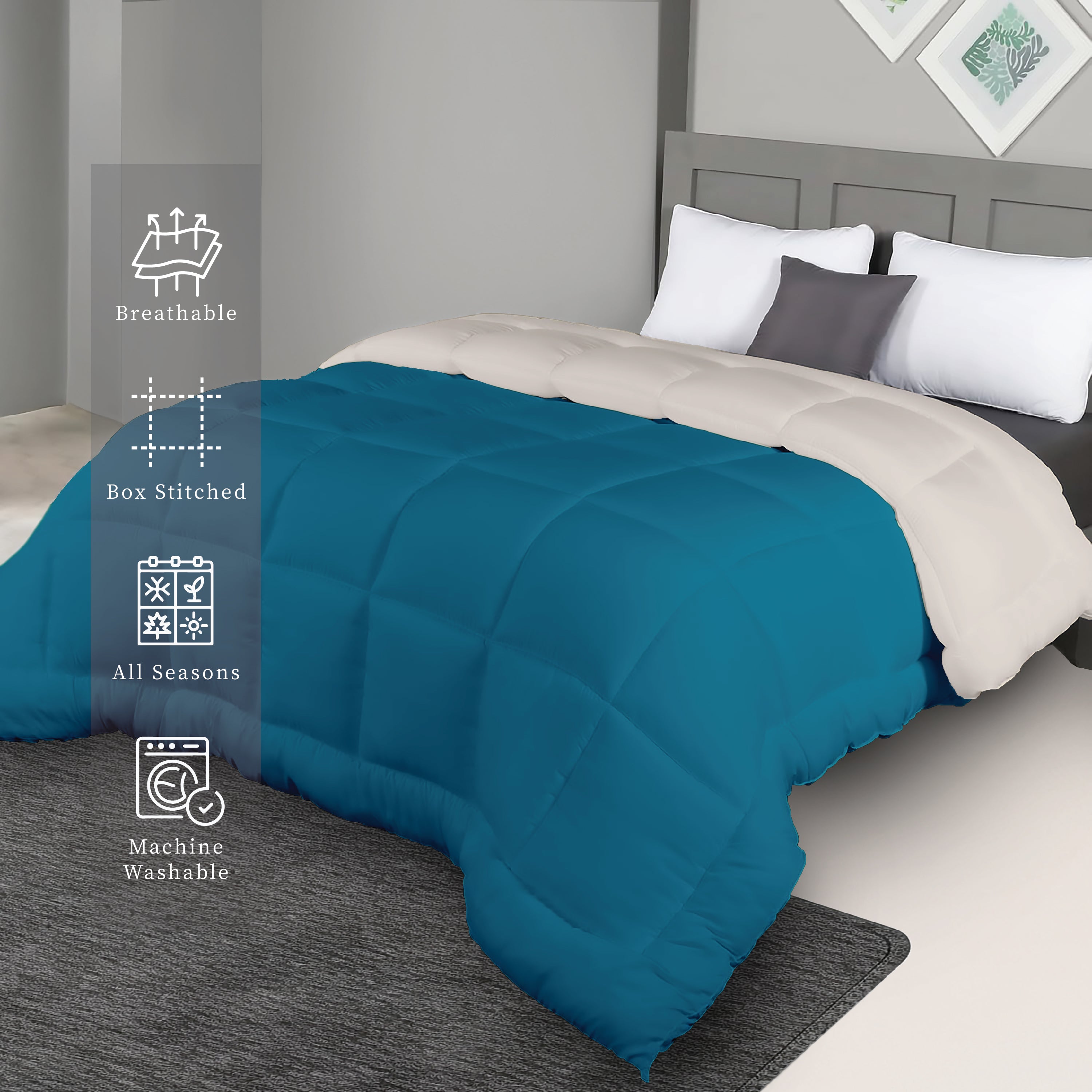 Plush Reversible Comforter Down Alternative, Ocean Blue + Egg Nog