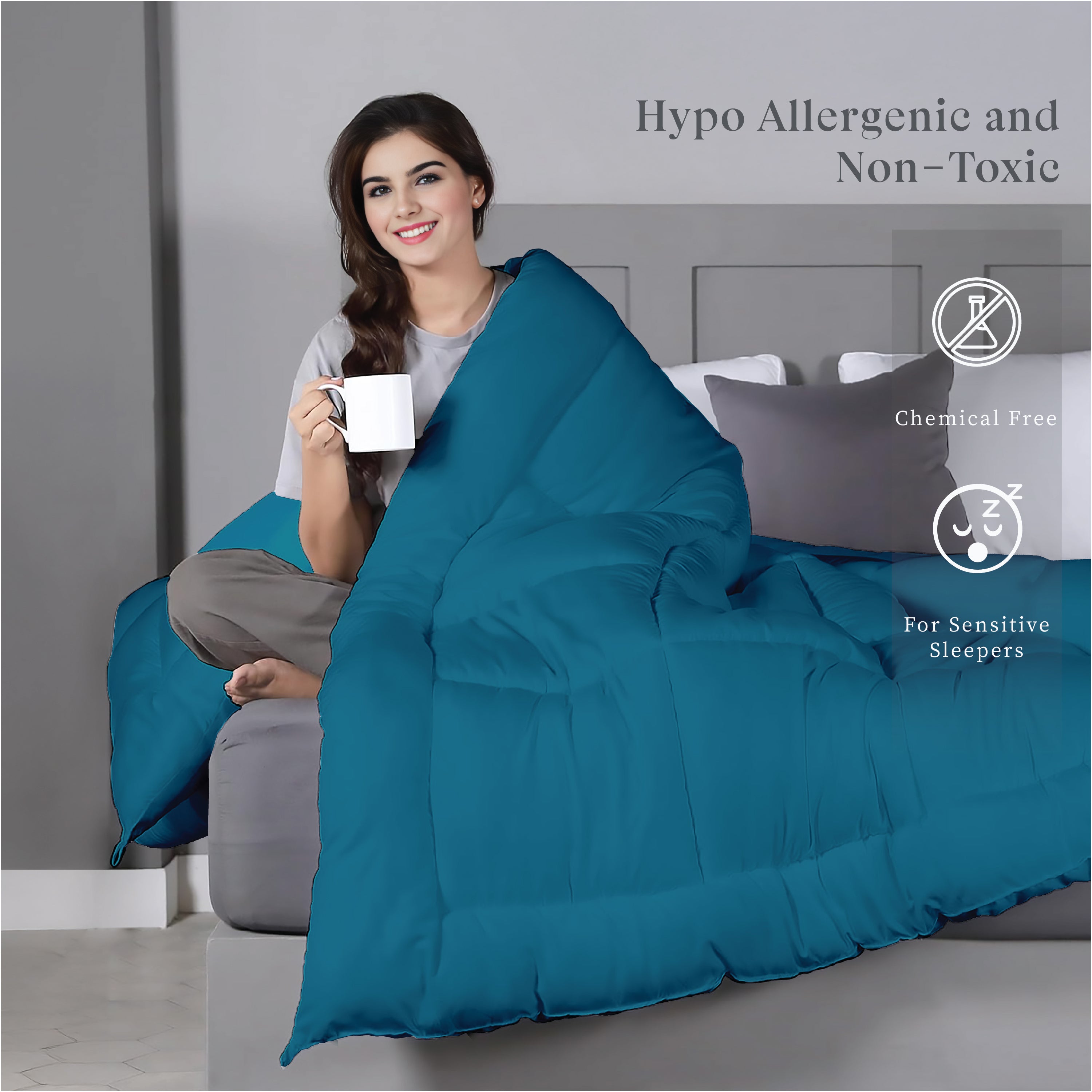 Plush Reversible Comforter Down Alternative, Ocean Blue + Egg Nog
