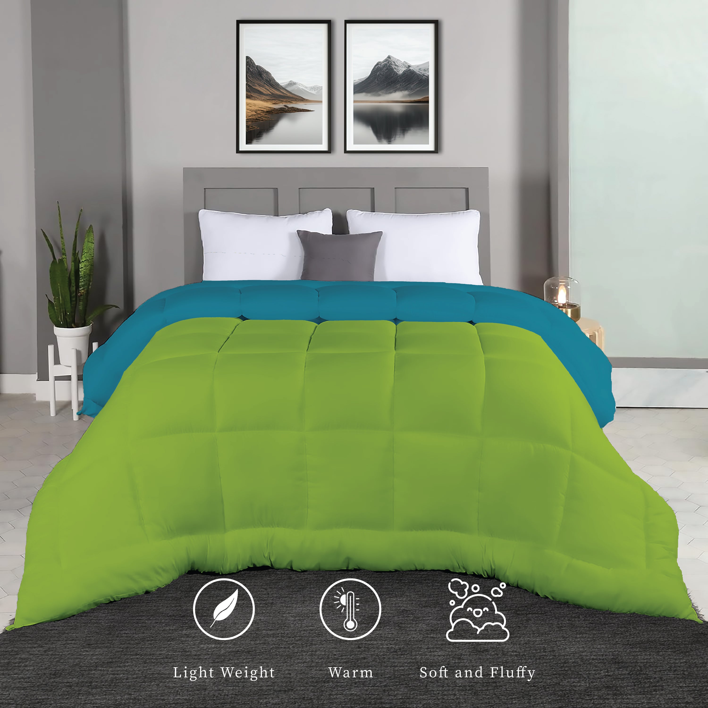 Plush Reversible Comforter Down Alternative, Ocean Blue + Olive Green