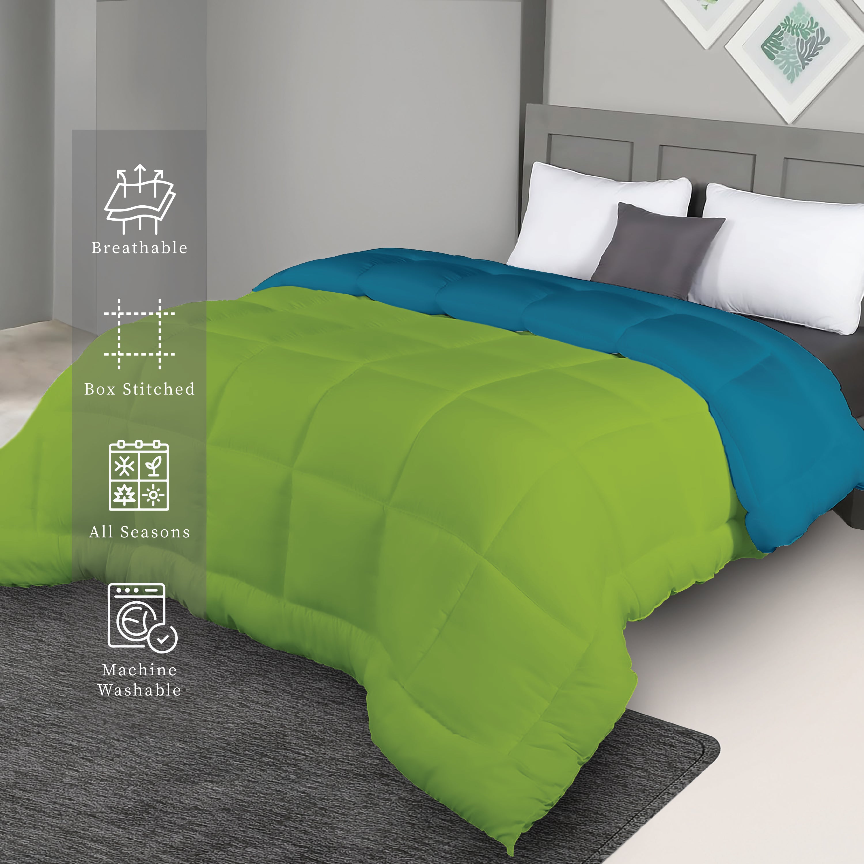 Plush Reversible Comforter Down Alternative, Ocean Blue + Olive Green