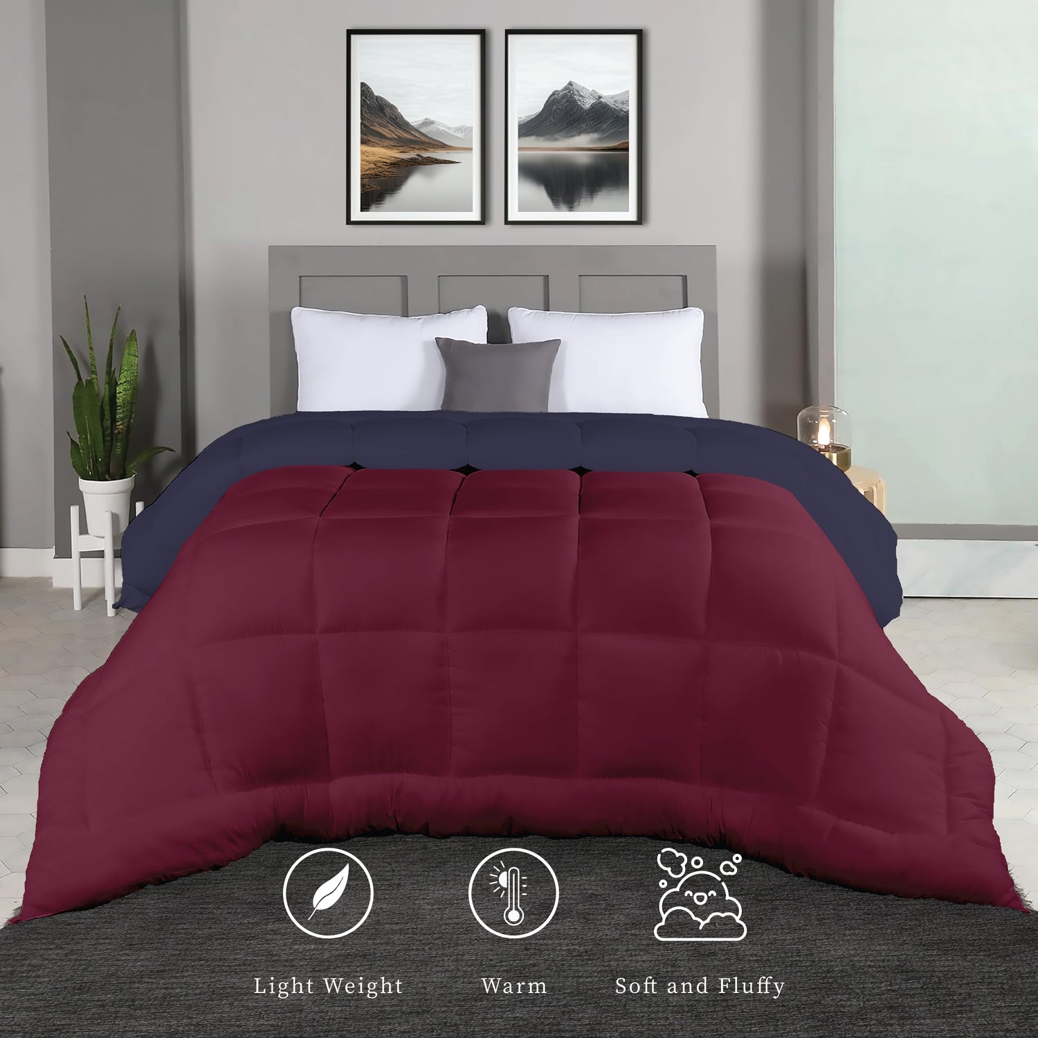 Plush Reversible Comforter Down Alternative, Red + Eclipse