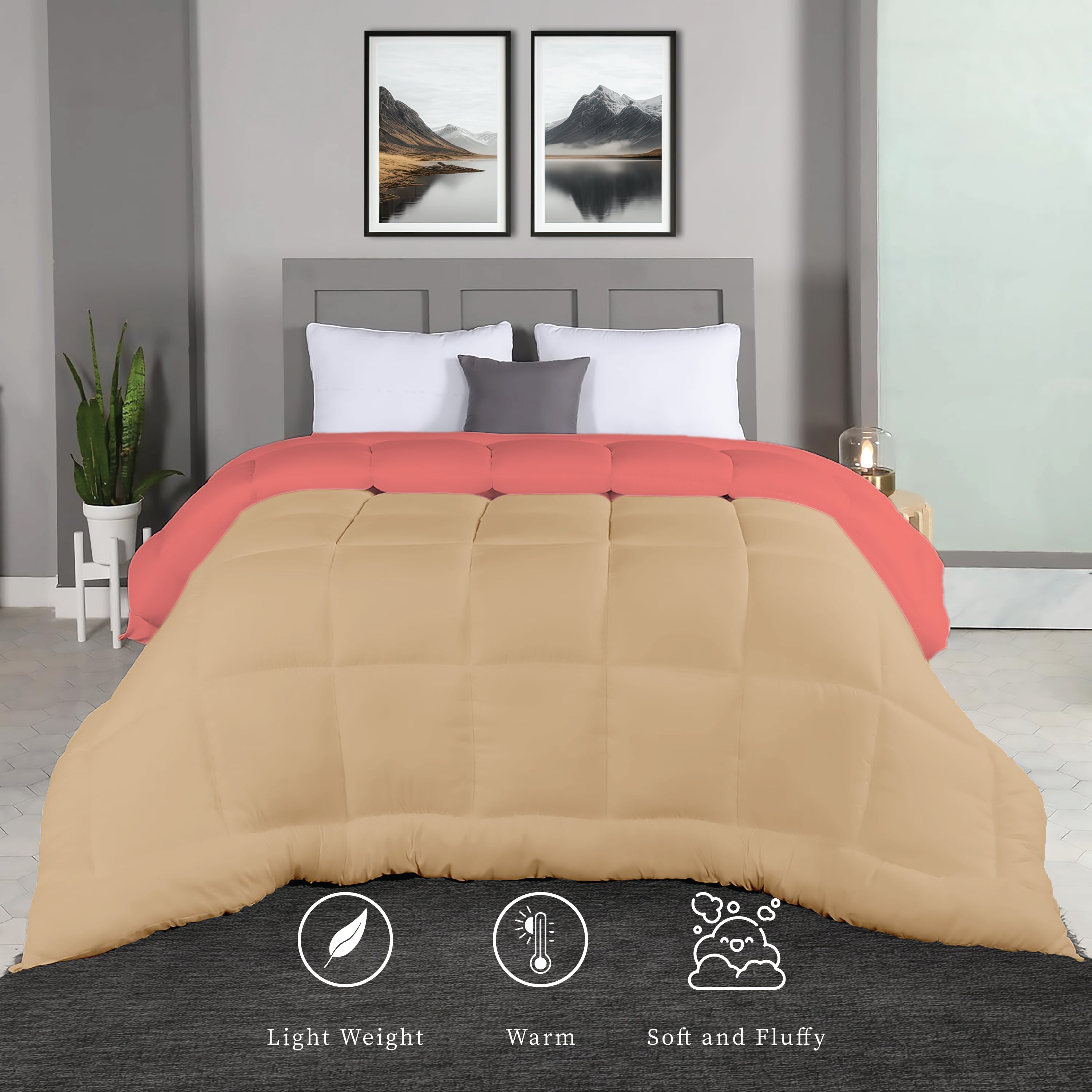 Plush Reversible Comforter Down Alternative, Sandy Beige + Candy Pink