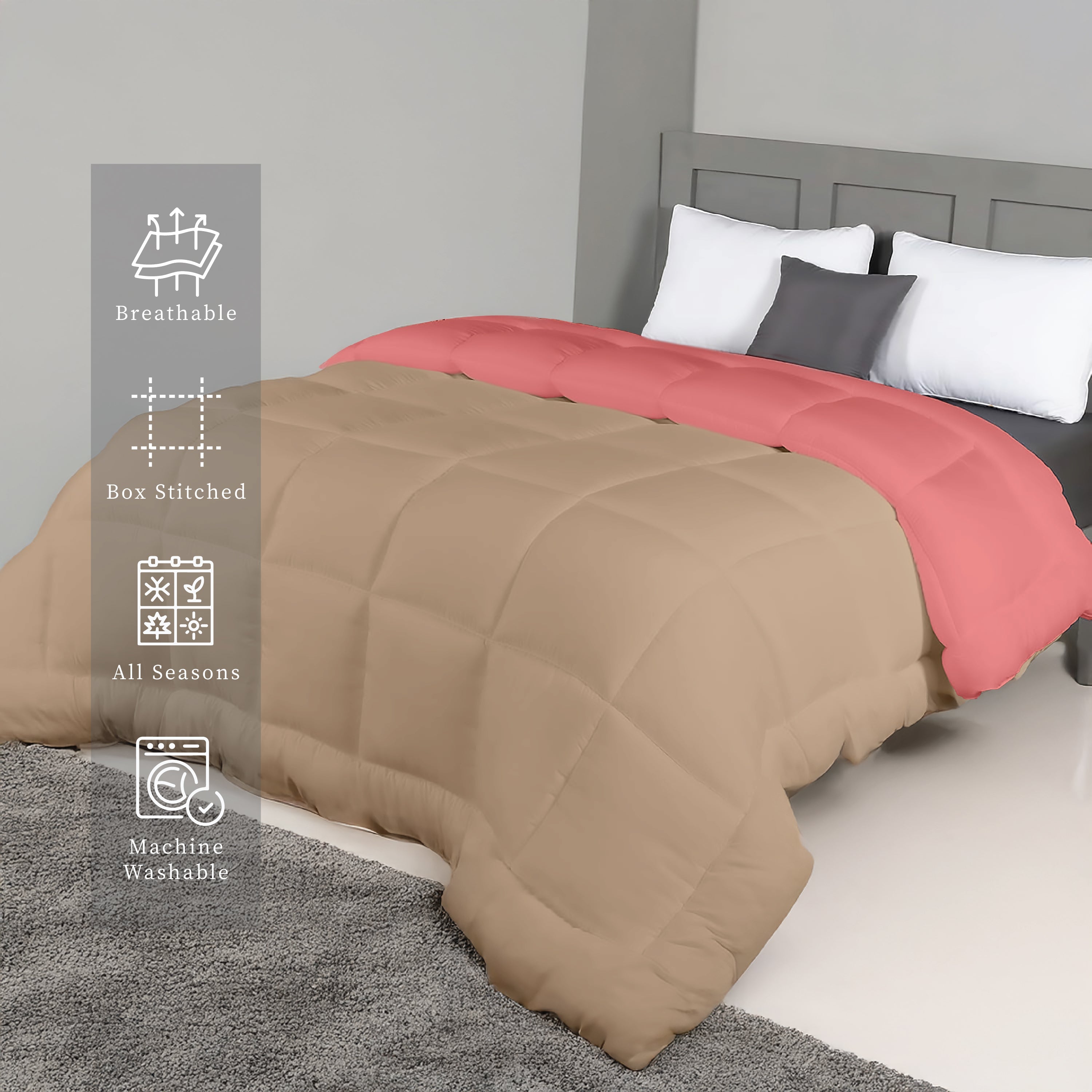 Plush Reversible Comforter Down Alternative, Sandy Beige + Candy Pink