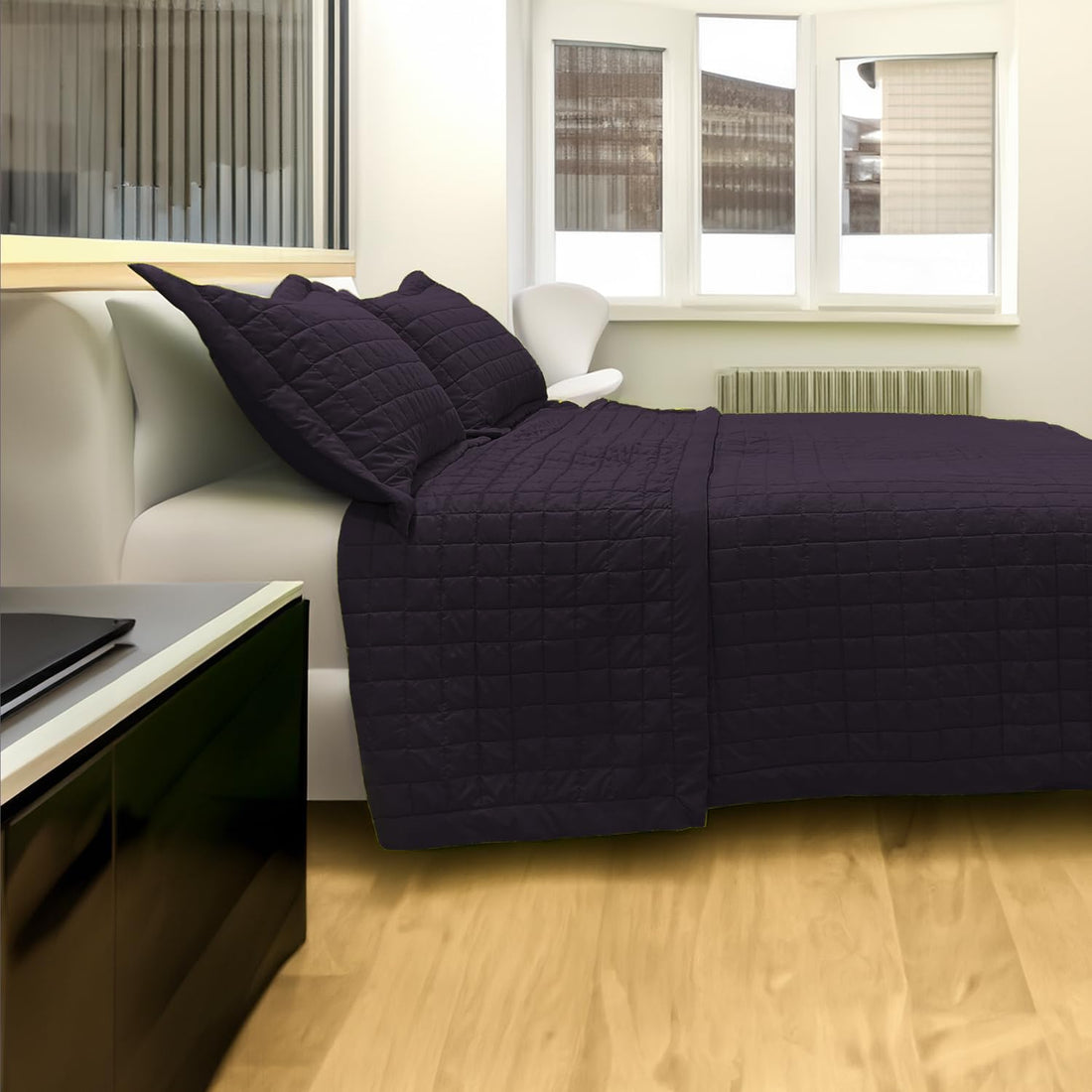 Solid Box Stitched Quilt - Plush Decorative Coverlet, with 2 Matching Pillow Sham, Purple