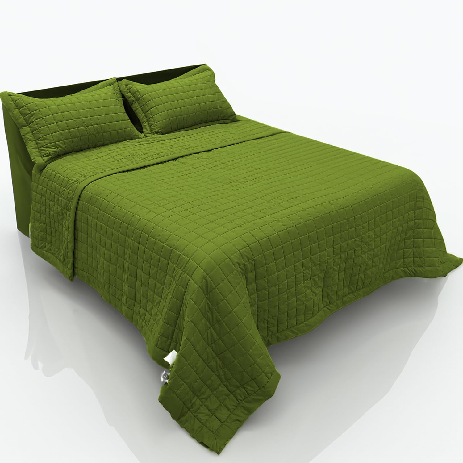 Solid Box Stitched Quilt - Plush Decorative Coverlet, with 2 Matching Pillow Sham, Olive Green