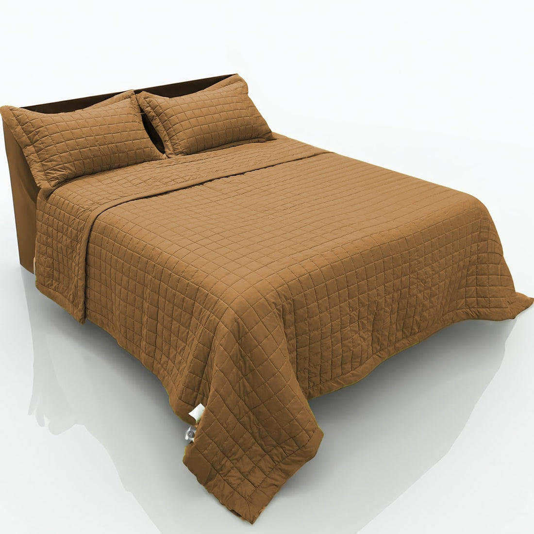 Solid Box Stitched Quilt - Plush Decorative Coverlet, with 2 Matching Pillow Sham, Beige