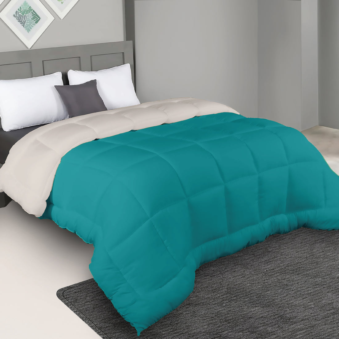 Plush Reversible Comforter Down Alternative, Aqua Blue + Egg Nog