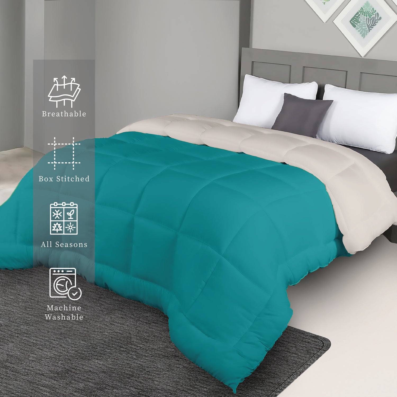 Plush Reversible Comforter Down Alternative, Aqua Blue + Egg Nog