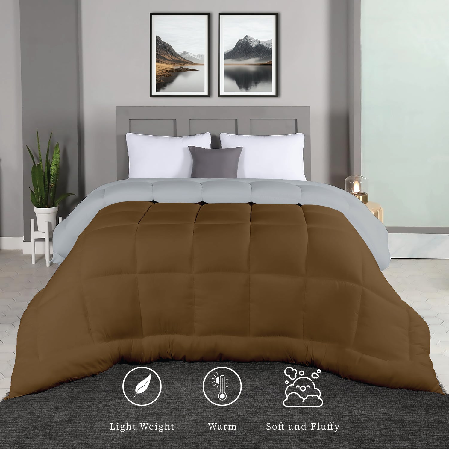 Plush Reversible Comforter Down Alternative, Ash Grey + Tapenade