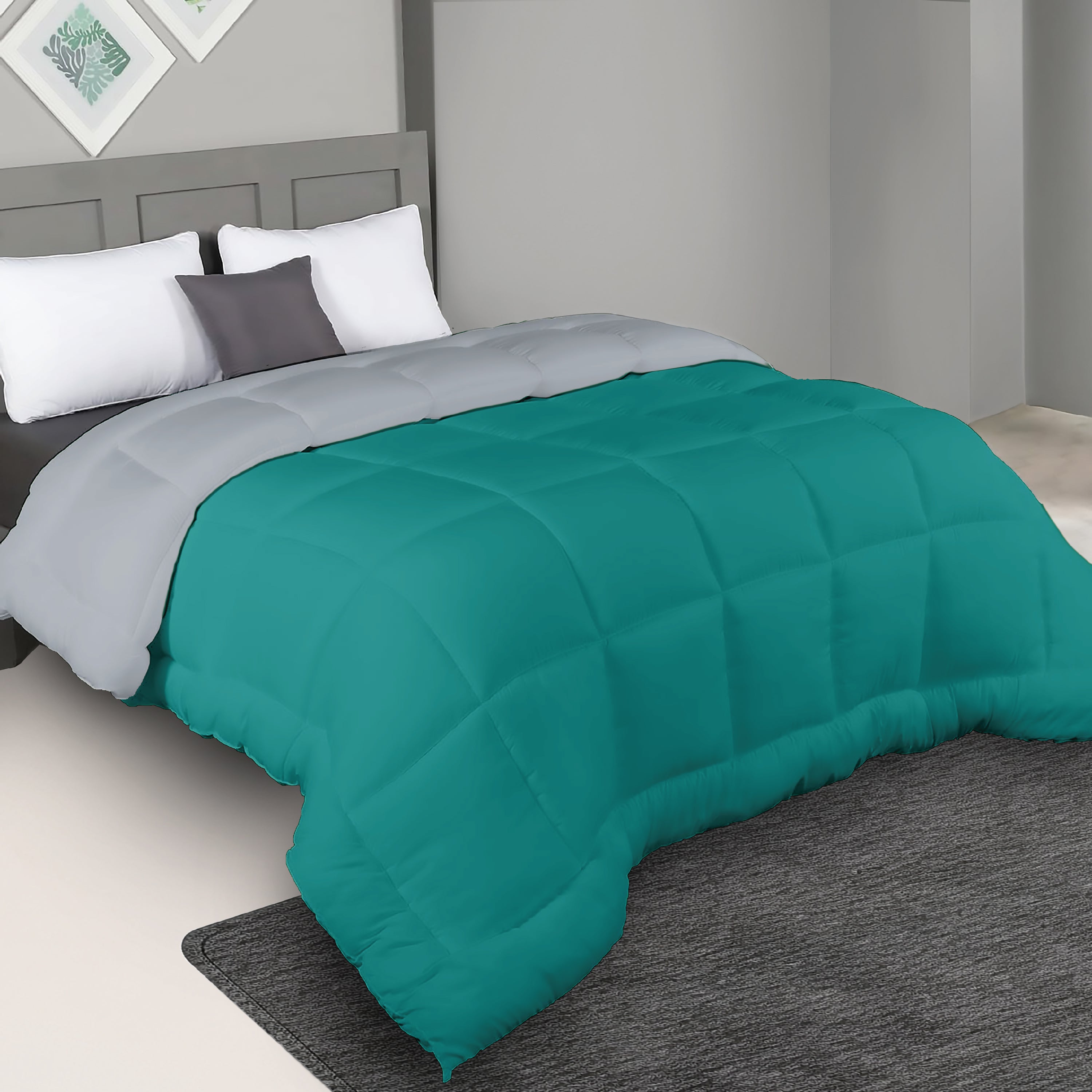 Plush Reversible Comforter Down Alternative, Ash Grey + Aqua Blue