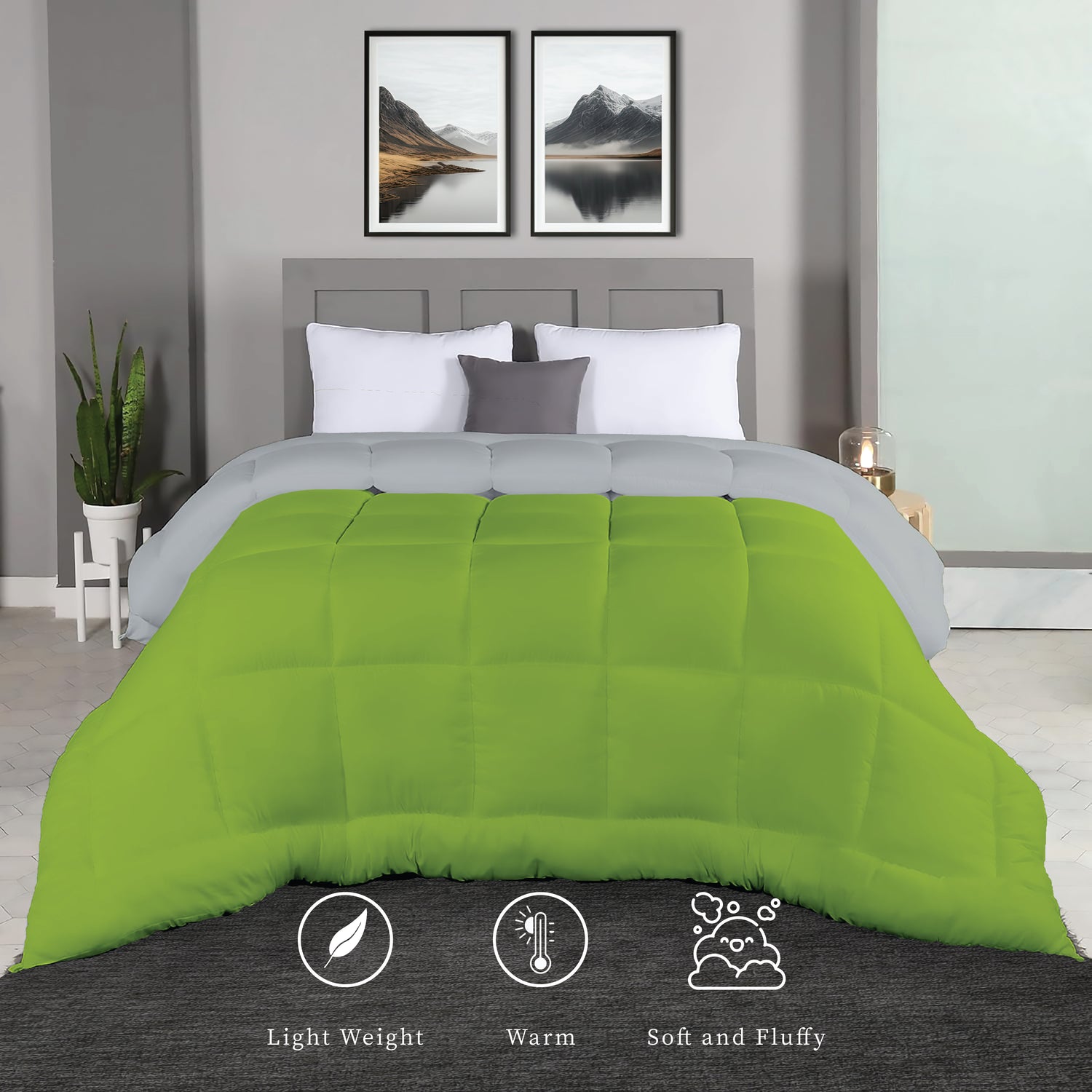 Plush Reversible Comforter Down Alternative, Ash Grey + Olive Green