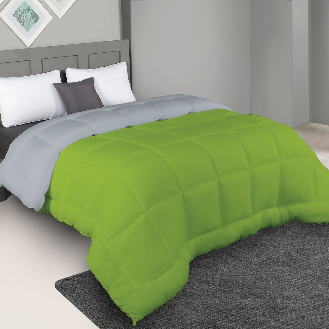 Plush Reversible Comforter Down Alternative, Ash Grey + Olive Green