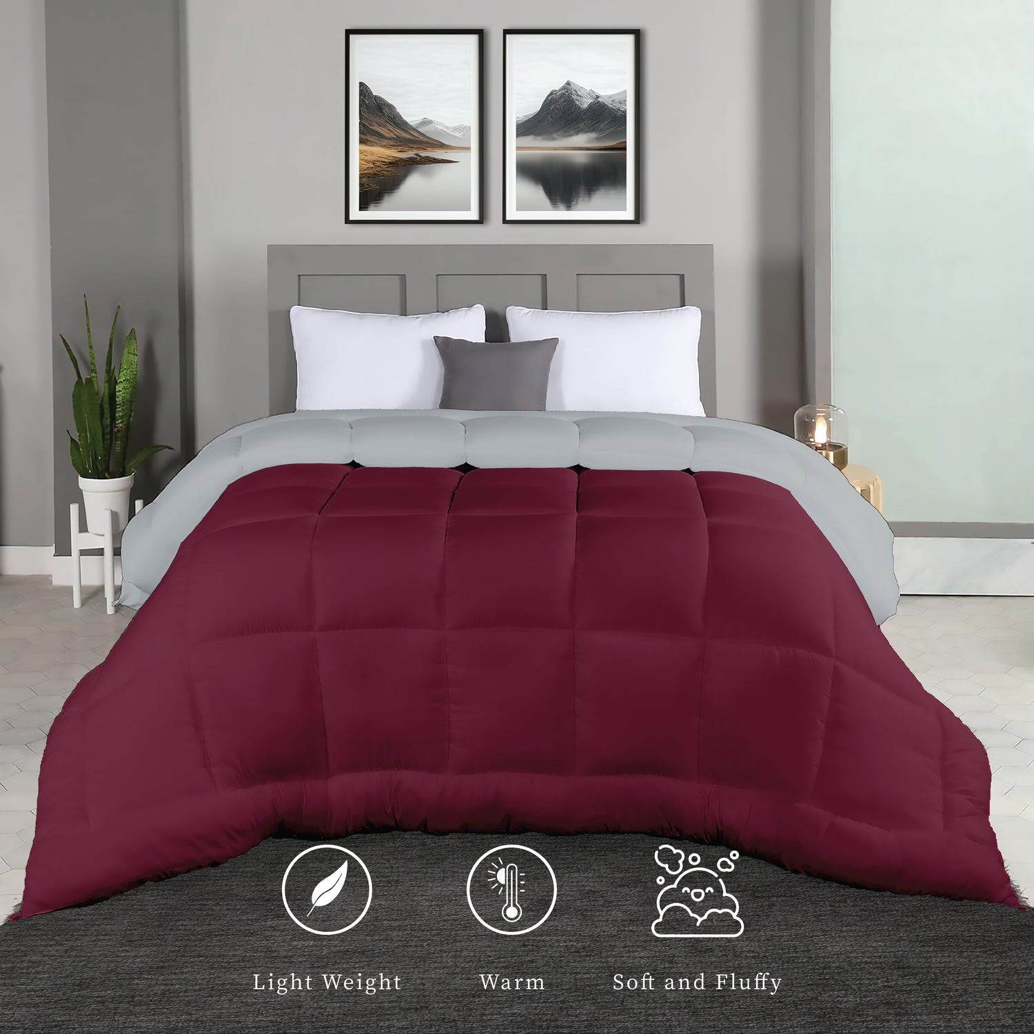 Plush Reversible Comforter Down Alternative, Ash Grey + Rumba Red