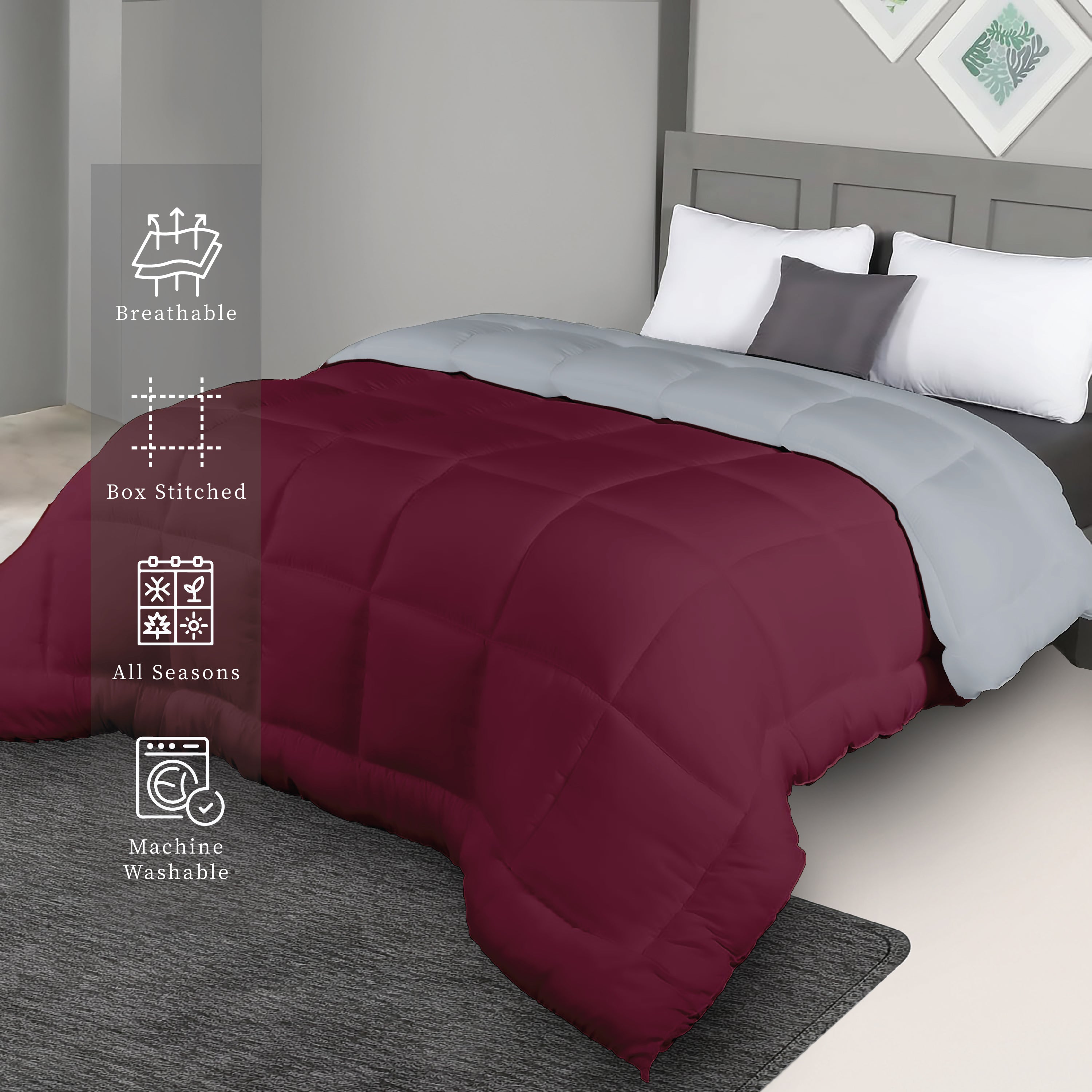 Plush Reversible Comforter Down Alternative, Ash Grey + Rumba Red