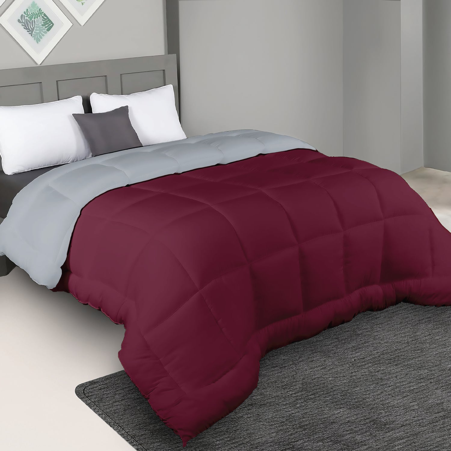 Plush Reversible Comforter Down Alternative, Ash Grey + Rumba Red