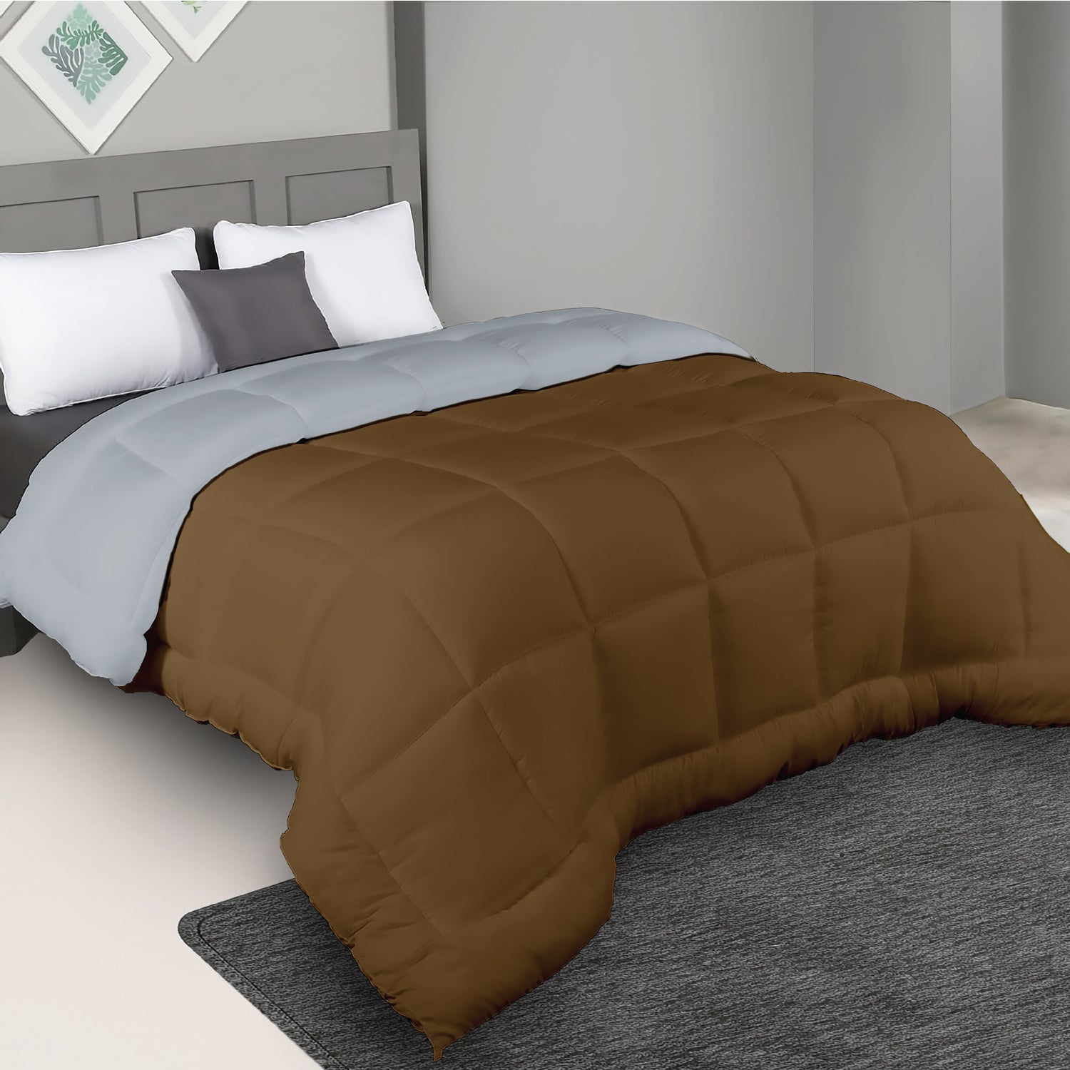 Plush Reversible Comforter Down Alternative, Ash Grey + Tapenade