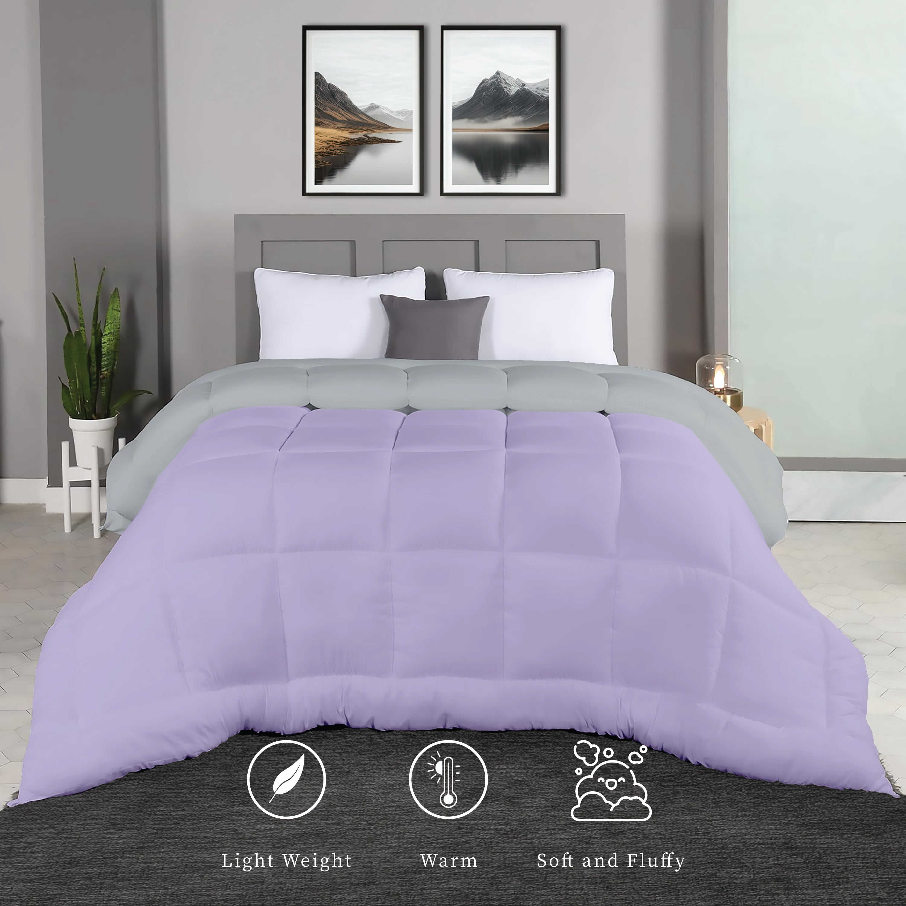 Plush Reversible Comforter Down Alternative, Ash Grey + Wisteria