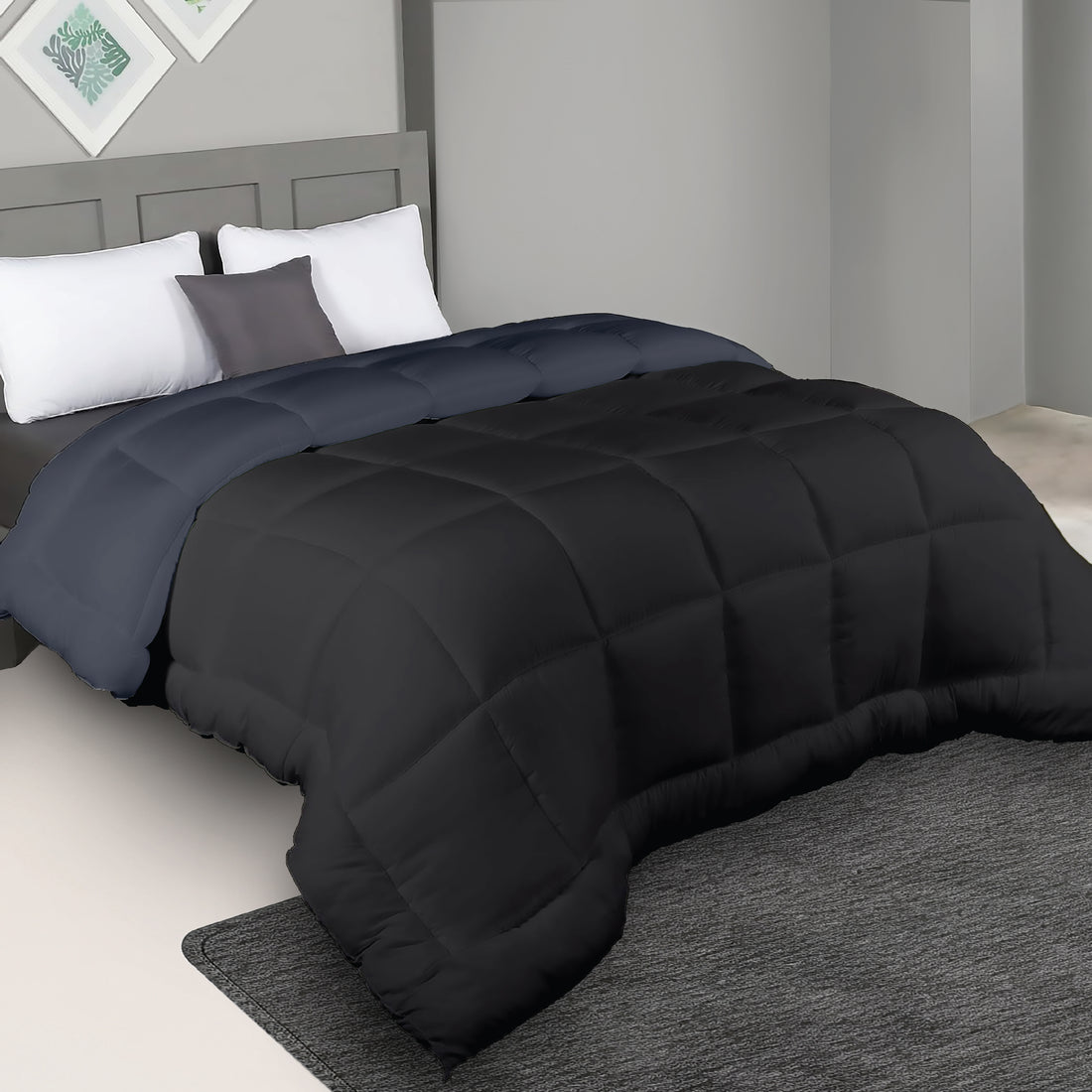 Plush Reversible Comforter Down Alternative, Black Olive + Iron Gate