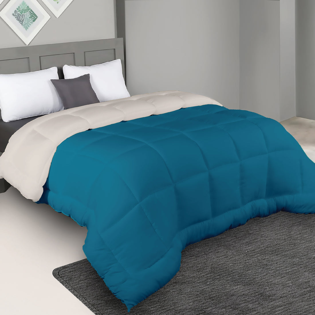 Plush Reversible Comforter Down Alternative, Ocean Blue + Egg Nog