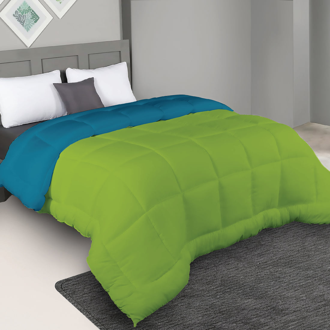 Plush Reversible Comforter Down Alternative, Ocean Blue + Olive Green