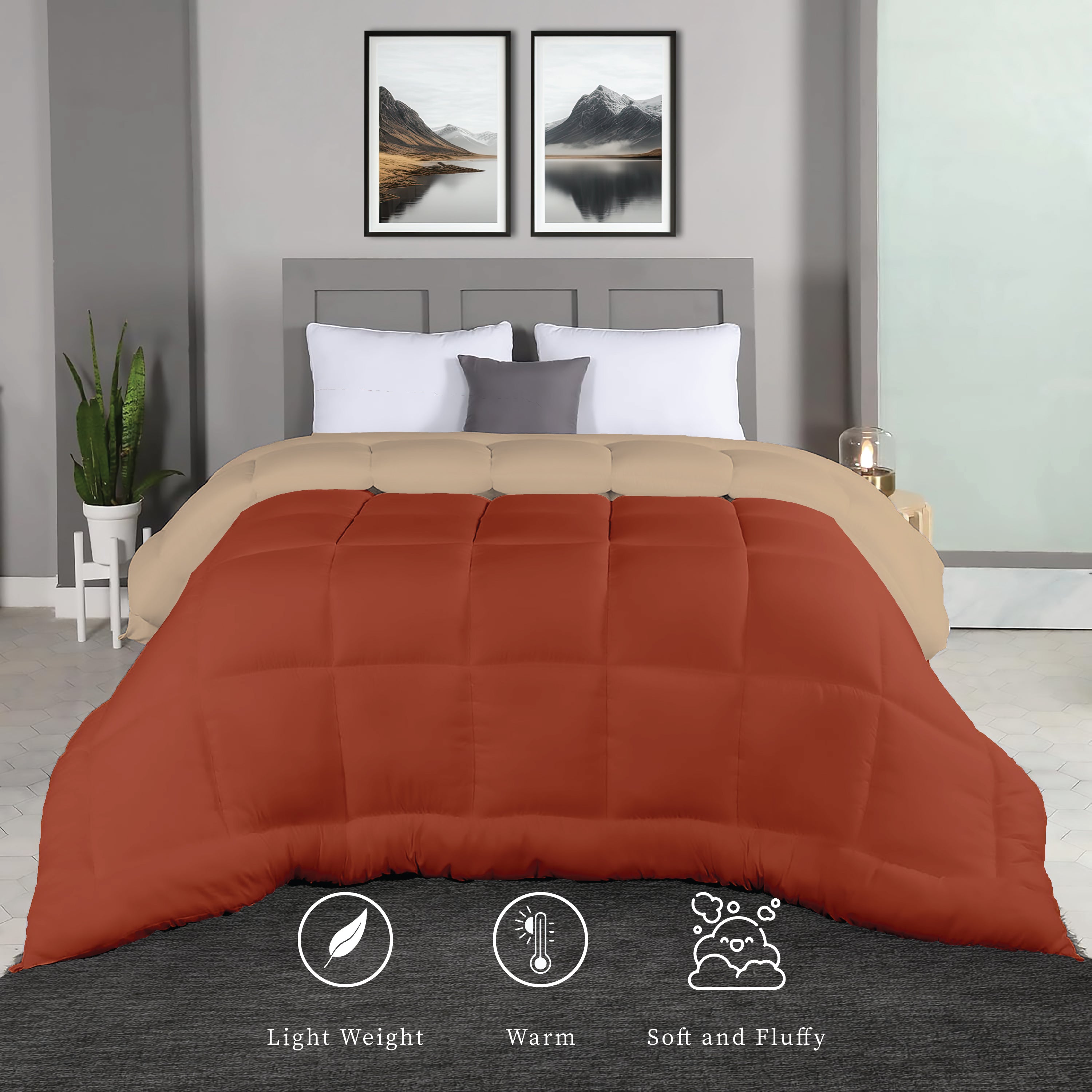 Plush Reversible Comforter Down Alternative, Rust + Sandy Beige