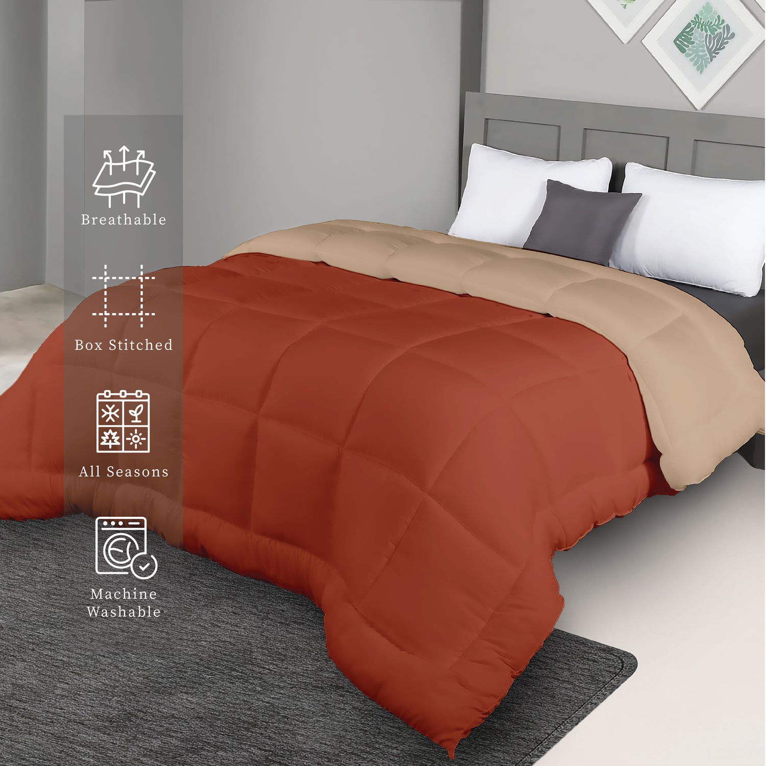 Plush Reversible Comforter Down Alternative, Rust + Sandy Beige