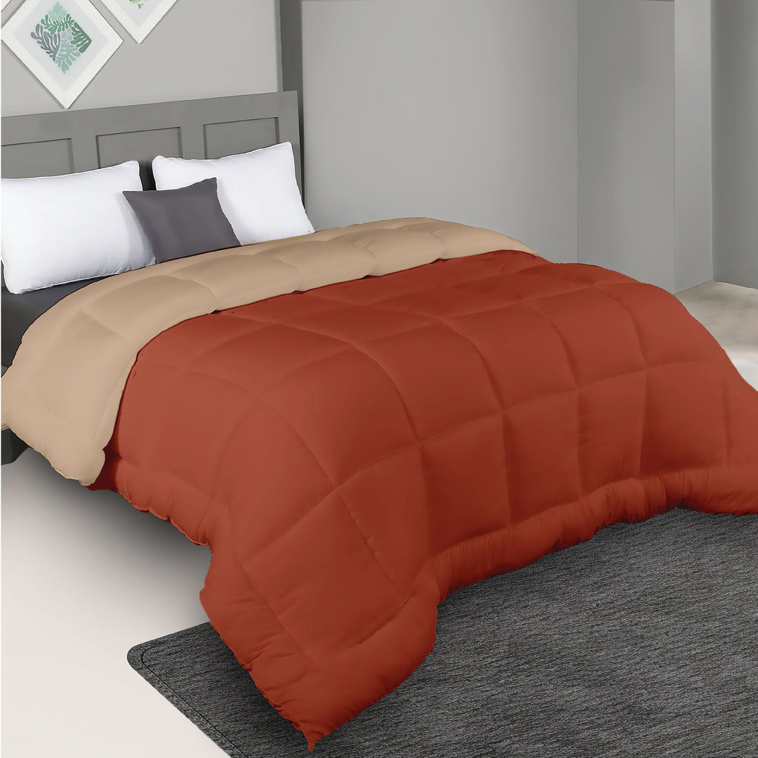 Plush Reversible Comforter Down Alternative, Rust + Sandy Beige