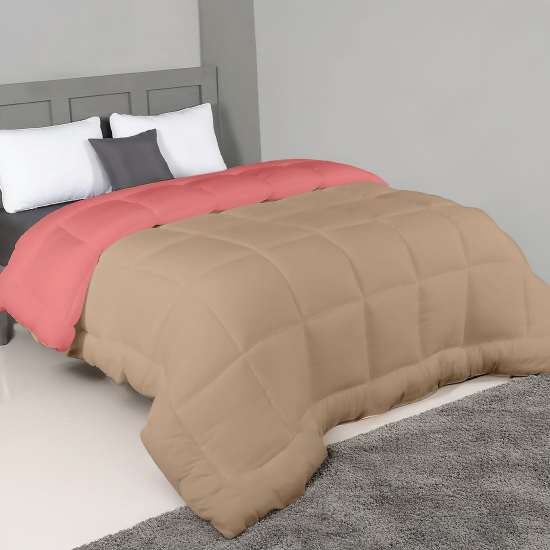 Plush Reversible Comforter Down Alternative, Sandy Beige + Candy Pink